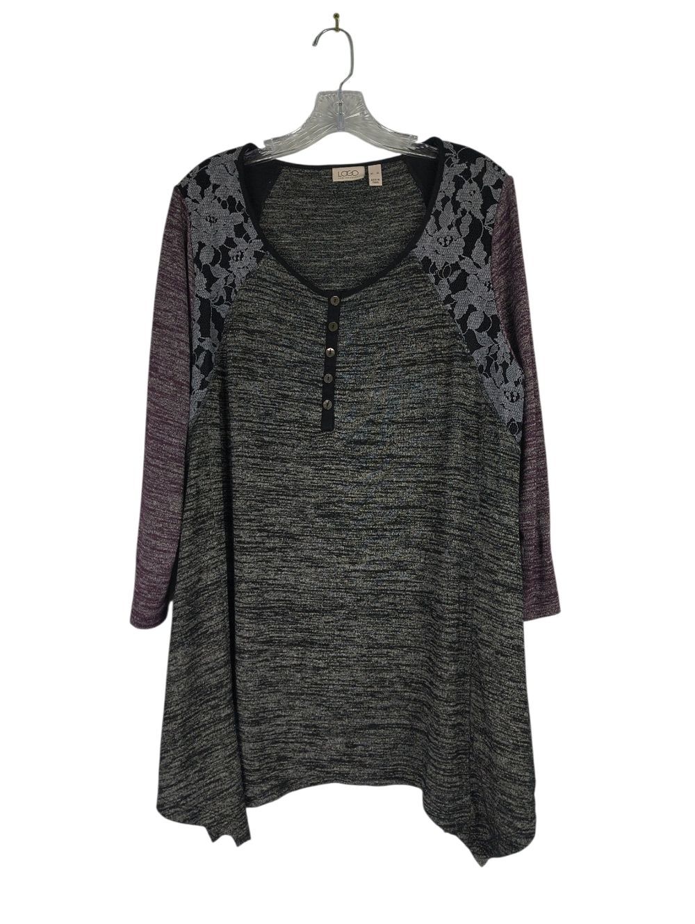LOGO Lori Goldstein Tunic Women's XL Black Purple Lace Shoulder Shark Bite Hem